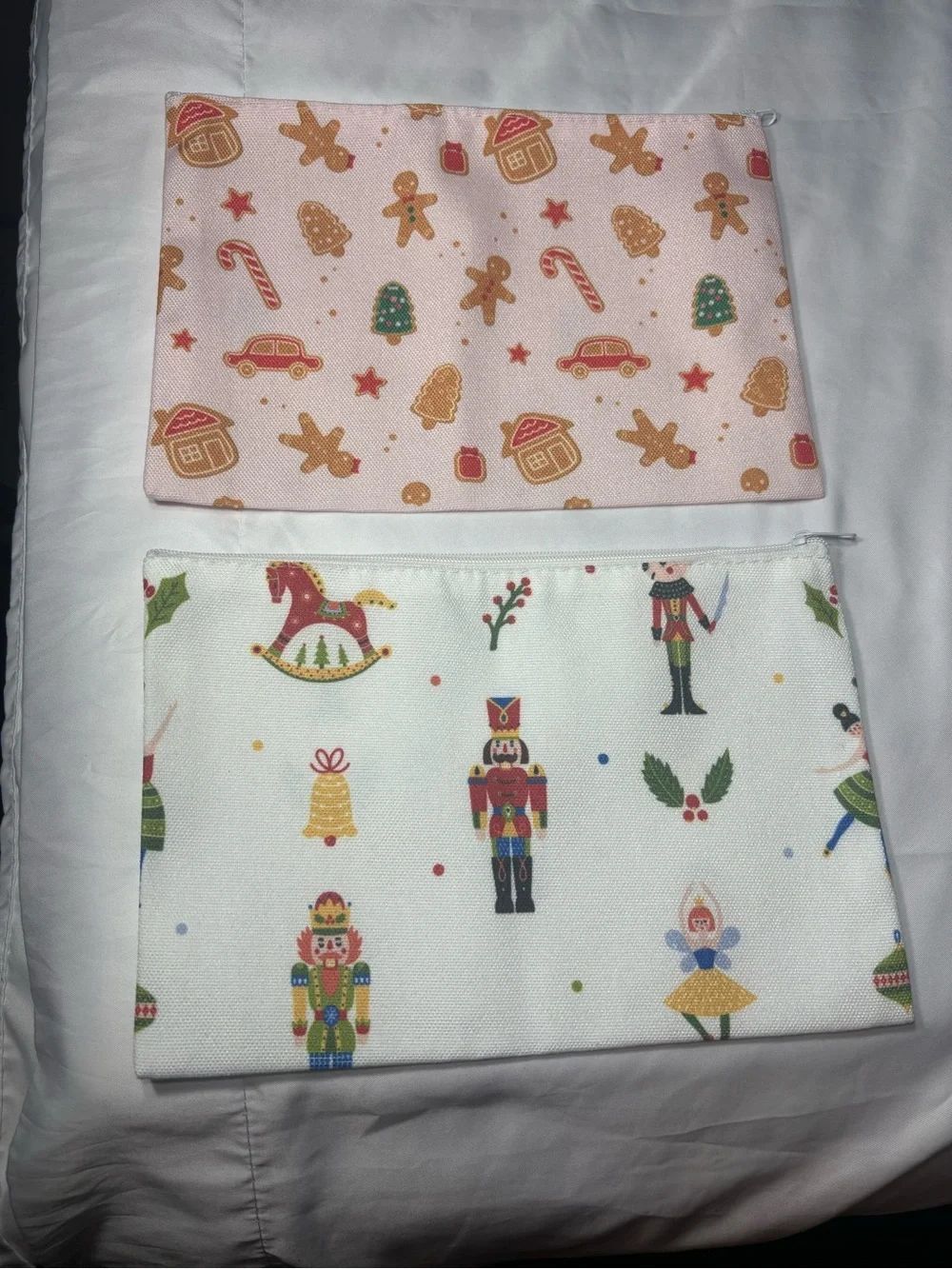 2 New Holiday Canvas Zip Pouch Duo - Pink & White Nutcracker Print